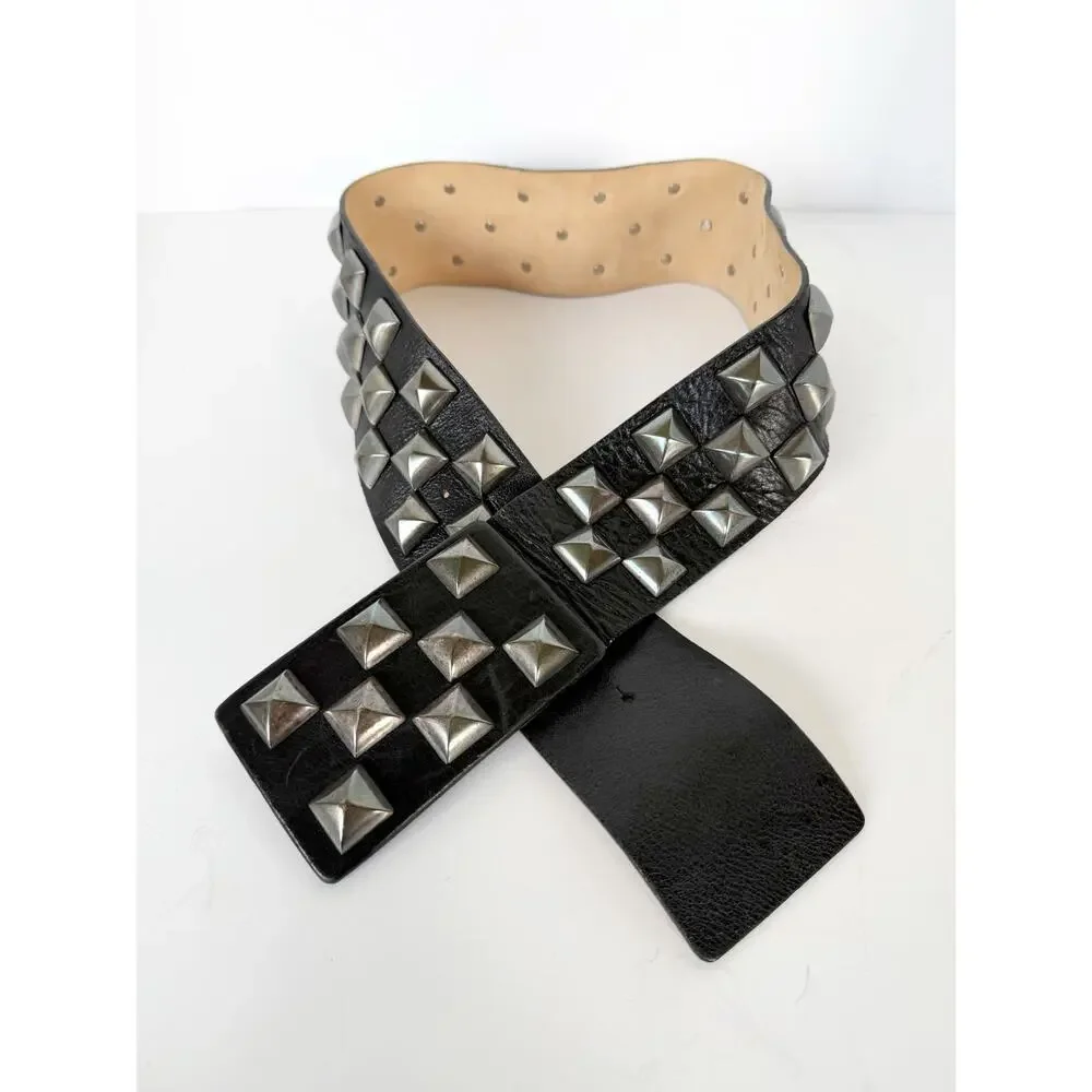 Streets Ahead Studded Pyramid Leather Roger Belt Black Silver Gray Medium